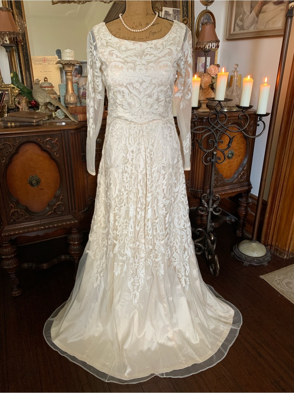 Vintage Victorian-inspired Ivory Floral Embroidered Custom Bridal Wedding Gown